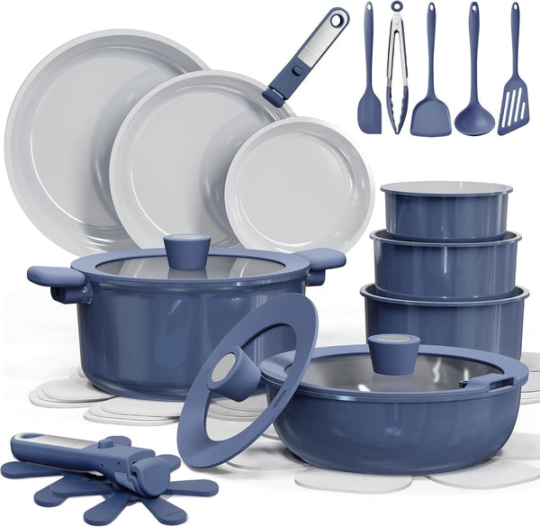 27Pcs Ceramic Cookware Set, Pots and Pans Set with Detachable Handle | Non-Stick, Non-Toxic, PFAS and PFOA Free, Induction Compatible, Dishwasher & Oven Safe, Space Saving, Camping Cooking, Blue1