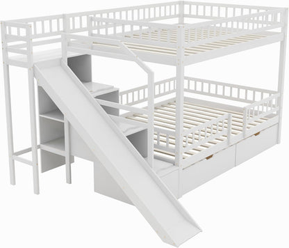 Full over Full Bunk Bed with Storage Staircase, Slide and 2 Drawers, Wood Bunk Bed Frame for Kids, Solid Pine Wood Bed with Guardrail, No Box Spring Needed, White11