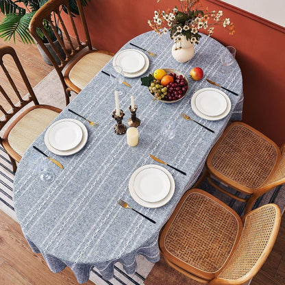Blue Farmhouse Striped Oval Tablecloth, 55×70 Inch Linen Style Table Cloth3