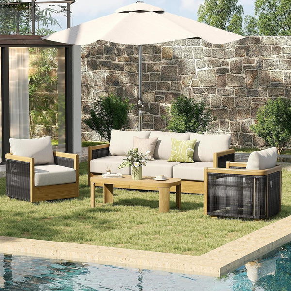 Aluminum Patio Furniture Set, 3 Pieces Wood-Like Oversized 3-Seat Sofa Conversation Set with Thick Cushion, Curved Tub Design with Woven Rope Accents for Garden, Backyard, Poolside7