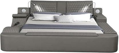 Smart Multifunctional Queen Size Bed, Wood Frame, Gray Upholstery, Massage Chaise, USB Charging, Storage Drawers, LED Lights, Bluetooth Speakers, Modern Design for Bedroom Comfort And4