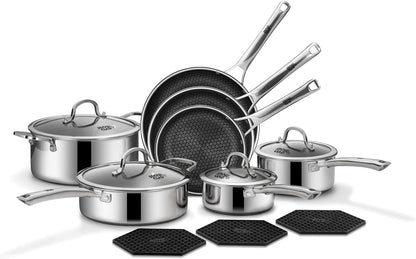 Pots and Pans Set Non Stick | Stainless Steel Kitchen Cookware | 14 Pcs | PFOA Free | Hybrid | Induction Compatible | Frying Skillet, Saucepans, Saute Pan & Stock Pot1