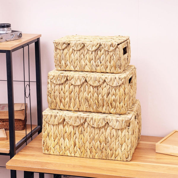 Set of 3 Scalloped Edge Wicker Basket with Lid, Rectangle Wicker Storage Basket with Built-In Handles, Multipurpose Organizer Rattan Display Boxes for Shelf, Nursery Room6