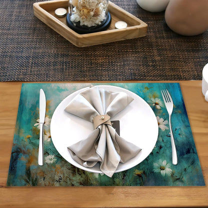 Retro White Daisy Placemats Set of 6 Linen Heat Resistant,Floral Modern Art Table Mats Washable Rustic Place Mats Decoration for Home Kitchen Dining Room Party 12X18 Inch5