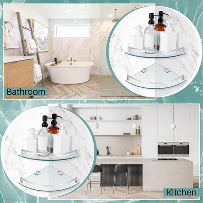 Glass 2 Pack Corner Shower Shelf, Bathroom Corner Shelves Wall Mounted with Tempered Glass and Rustproof Brackets, Floating Shower Organizer for Shampoo, Soap and Bath Accessories, 9.25 Inch6