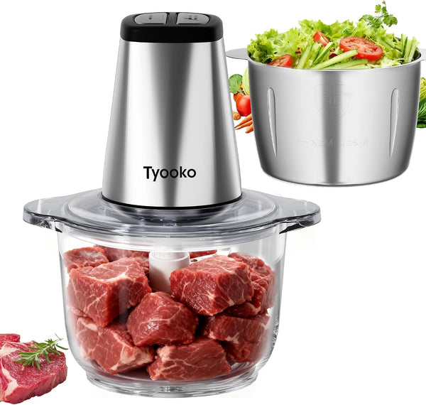 Electric Food Processor Vegetable Chopper, Easy Clean Meat Grinder with 2 Bowls (8 Cup Stainless Steel+8 Cup Glass), Small Food Mixer for Fruits/Meat/Nuts/Fish/Veggie/Pet Food/Baby Food1