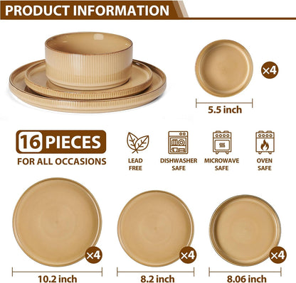 16 Piece Dinnerware Sets with Double Bowls, Ceramic Plates and Bowls Set for 4, Ribbed Stoneware Dishes, Microwave and Dishwasher Safe, Dune Khaki2