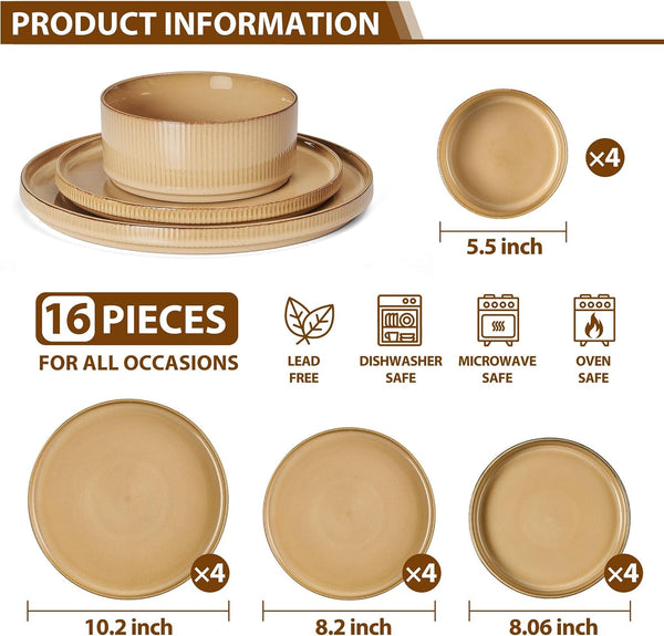16 Piece Dinnerware Sets with Double Bowls, Ceramic Plates and Bowls Set for 4, Ribbed Stoneware Dishes, Microwave and Dishwasher Safe, Dune Khaki2