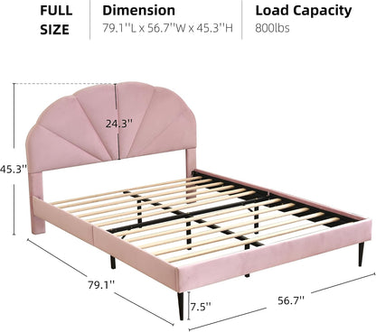 Pink Bed Frame Full Size, Aesthetic Upholstered Bed with Unique Seashell Headboard, Soft Velvet Platform Bed, Strong Wooden Slats Support, No Box Spring Needed, Heavy Duty, Easy to Assemble2