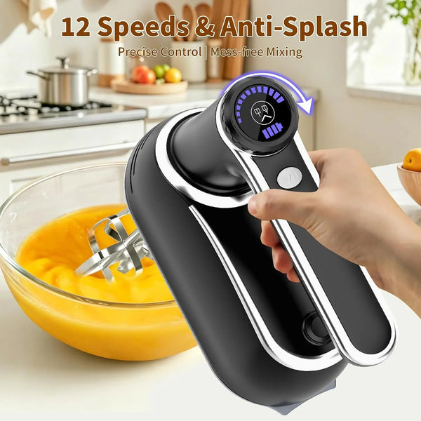 Cordless Electric Hand Mixer, 12-Speed with Storage Case, Black | Rechargeable, Eject Button, LED, Self-Stand, 6×304 Stainless Attachment, Overheat Protection, Quiet for Baking Dough Cake Egg3