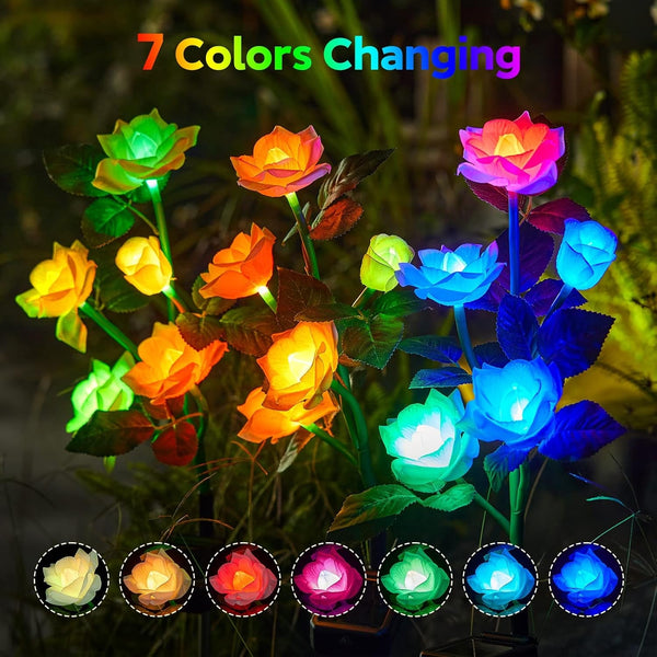 Solar Garden Lights Outdoor, 3 Pack Solar Flower Lights with 15 Rose Flowers, Multi-Color Changing LED Waterproof Solar Lights, Garden Decor for Landscape Pathway, Gifts for Women3