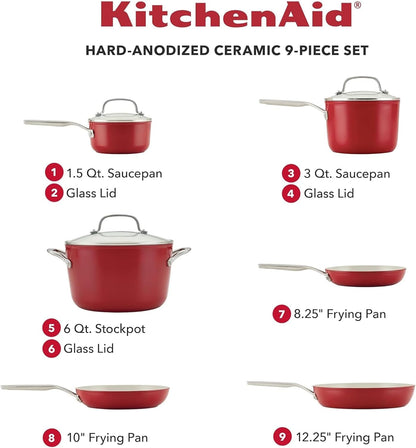 Kitchenaid Hard Anodized Ceramic 9-Piece Nonstick Cookware Set – Includes Fry Pans, Saucepan, Stockpot, Durable, Even Heating, Oven Safe to 500°F, Empire Red2