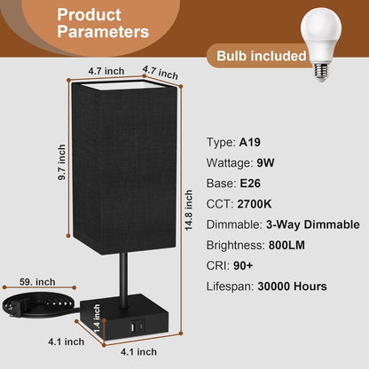 Bedside Table Lamp for Bedroom with 2 USB Ports, 14-Inch, Black | USB A+C Ports, Touch 3-Way Dimmable LED Bulb Included Fabric Lampshade Metal Base Small Nightstand Lamp for Desk Living Room7