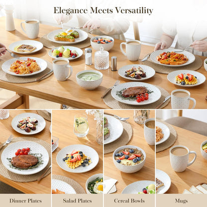 16 Pieces Dinnerware Set, Farmhouse Style Stoneware Plates and Bowls Sets for 4, Embossed Boho Ceramic Dish Set with Mugs, Microwave & Dishwasher Safe, Series LYDIA7
