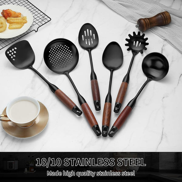18/10 Stainless Steel Kitchen Utensils Set,6 Piece Cooking Utensils with Wood Handle,Heat Resistant Kitchen Tool Set with Spatula, Spoon, Ladle, Skimmer, Slotted Spoon, Pasta6