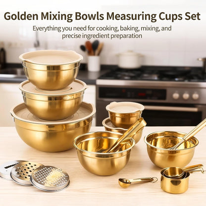 20 PCS Gold Mixing Bowls with Lids Set - 7 Mixing Bowls with 3 Graters, 8 Measuring Spoons, 1 Whisk, and 1 Food Tong, Nesting Bowl Set for Baking, Cooking, Meal Prep2