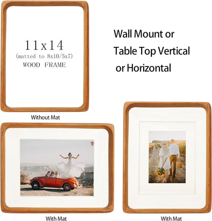 11X14 Picture Frames Teak Solid Wood with Real Glass Vertical Horizontal Standing Display Photos 5X7/8X10 with Mat or 11X14 without Mat Lovely Gift for Desk Tabletop Wall Mount Y143