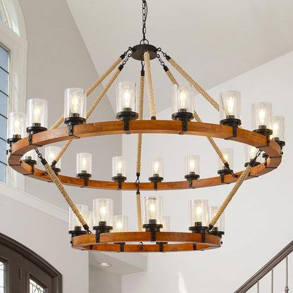 60" 2-Tier Wagon Wheel Chandelier 27-Light Extra Large Wood Chandeliers1