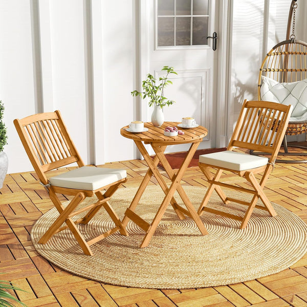 3 Pieces Acacia Wood Patio Folding Bistro Set, Outdoor Table and Chairs Set with Soft Cushions, Patio Furniture Set for Porch, Balcony, Garden, Deck and Backyard2