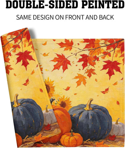 Fall Pumpkin Sunflower Placemats Set of 4 Thanksgiving Autumn Maple Leaf Table Mats Harvest Farmhouse Holiday Place Mats Washable Linen Placemat for Party Kitchen Dining Decor 12X18 Inch4