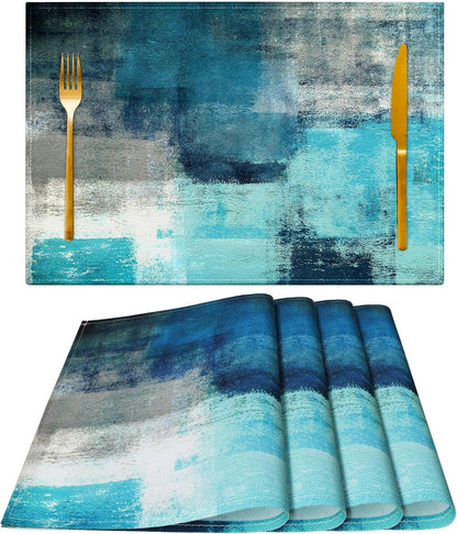 Teal and Gray Placemats Washable, Linen Rectangular Place Mats Set of 4, Dining Table Decor for Living Room, Kitchen, Farmhouse and Outdoor2