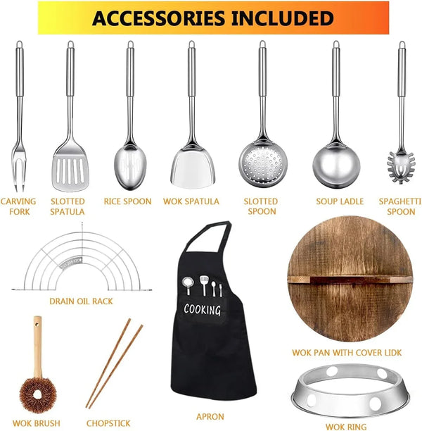 14 Piece Carbon Steel Wok Pan, Woks & Stir-Fry Pans Set with Wooden Lid Cookwares, No Chemical Coated Flat Bottom Chinese Pan for Induction, Electric, Gas, Halogen All Stoves - 12.6''2