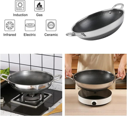 12.5Inch Stirfry Pan with Coating Stainless Steel Wok Pan with Nonstick Coating,Frying Pans, Stay-Cool Handle,Works with Gas, Electric, Ceramic Furnace Stove,Suitable for Home , Outdoor Camping5
