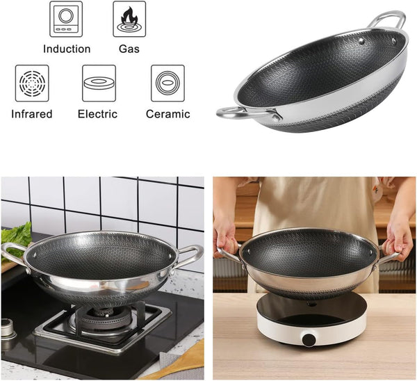 12.5” Wok Pan with Dual Honeycomb Wok Stainless Steel Wok Pan with Nonstick Coating, Frying Pans Cookware, Two Handles,Works with Induction ,Gas, Electric, Ceramic Furnace Stove, without Lid3