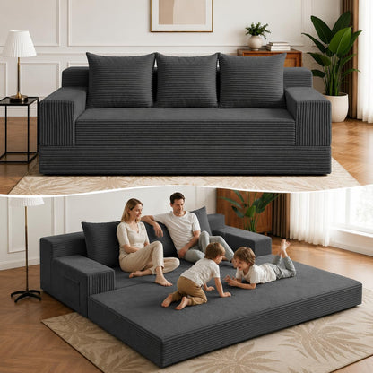 2 in 1 Convertible Boneless Couch Bed, Corduroy Futon Sofa Bed, Compression Folding Floor Couch Sofas Bed with 3 Pillows for Bedroom, Small Space Guest and Living Room Sofa (Grey, 78 Inches)1