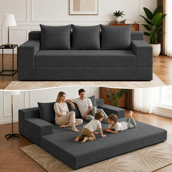 2 in 1 Convertible Boneless Couch Bed, Corduroy Futon Sofa Bed, Compression Folding Floor Couch Sofas Bed with 3 Pillows for Bedroom, Small Space Guest and Living Room Sofa (Grey, 78 Inches)1