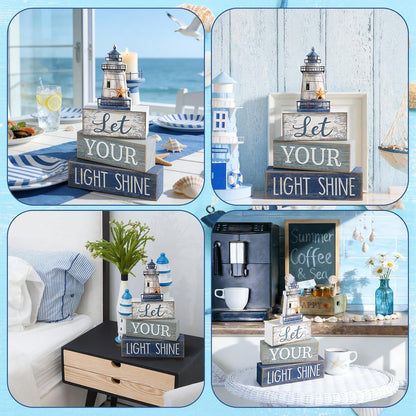 4 Pcs Lighthouse Coastal Decor Wooden Block Signs Rustic | Bathroom Tabletop Decoration for Home, Lighthouse Topper Tiered Display, Let Your Light Shine Phrase Wood Stacking Blocks4