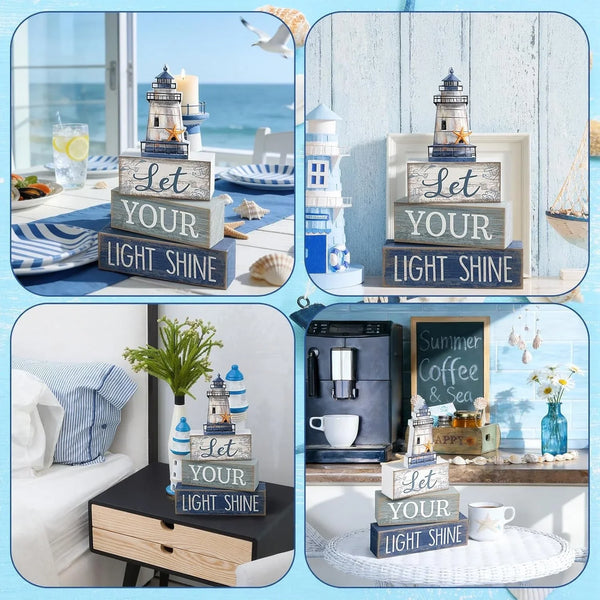 4 Pcs Lighthouse Coastal Decor Wooden Block Signs Rustic | Bathroom Tabletop Decoration for Home, Lighthouse Topper Tiered Display, Let Your Light Shine Phrase Wood Stacking Blocks4