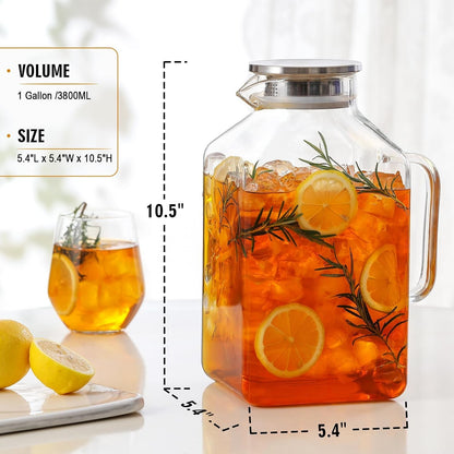 1 Gallon Square Glass Pitcher with Lid and Spout, Borosilicate Glass Carafe for Hot/Cold Drink, Water Pitchers with Handle for Fridge, Extra Large Jug for Iced Tea, Coffee, Juice, Beverage2