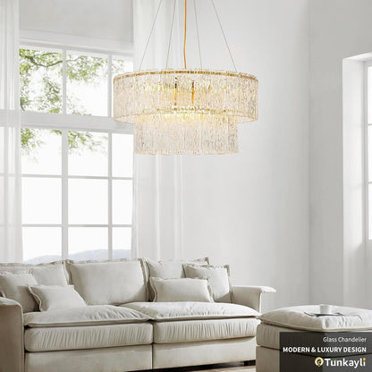 24" Gold Crystal Chandelier, 8-Light Glass Drum Light Fixture7