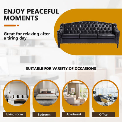 Mid-Century Modern Leather Couch, 80" Large Upholstered Sofa with High Back, Chesterfield Sofa Sleeper Settee with Solid Wood Legs, Tufted 3 Seater Wide Couches for Living Room Office (Black)4