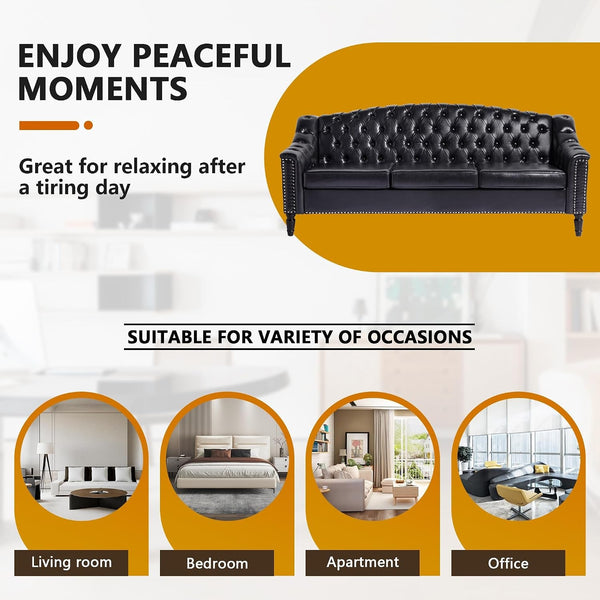 Mid-Century Modern Leather Couch, 80" Large Upholstered Sofa with High Back, Chesterfield Sofa Sleeper Settee with Solid Wood Legs, Tufted 3 Seater Wide Couches for Living Room Office (Black)4