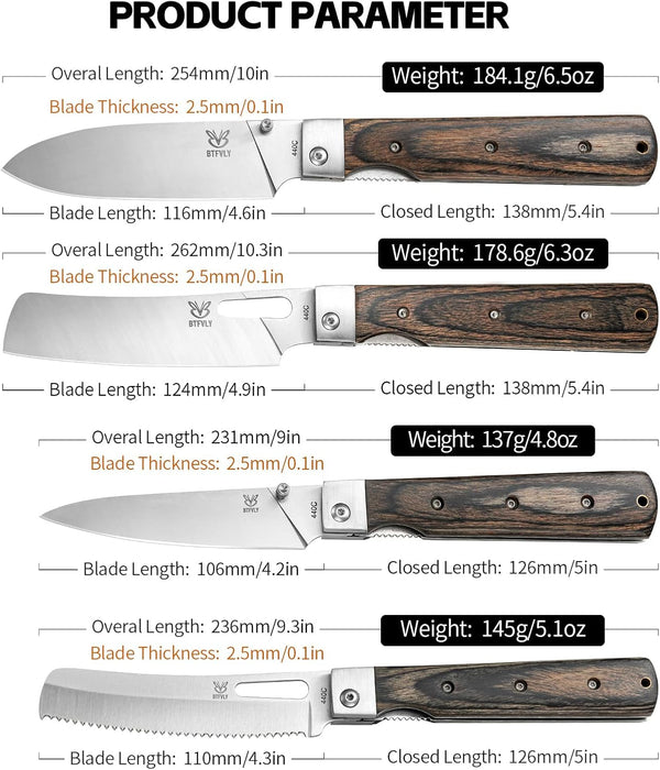 440A Stainless Steel 4 - Piece Folding Knife Set, Black - Colored Wood Handle, Sharp Pocket Knives for Chef/Bread/Peeling, Portable Kitchen & Outdoor Use7