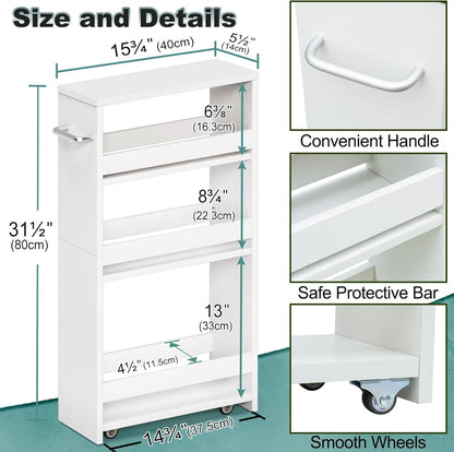 Slim Rolling Storage Cart, Wood Utility Kitchen Bathroom Laundry Cart | 4 Tier Kitchen Cart with Wheels Handle, Laundry Room Organization, Narrow Bathroom Storage Cabinet, 5.5" Wide Storage Trolley7
