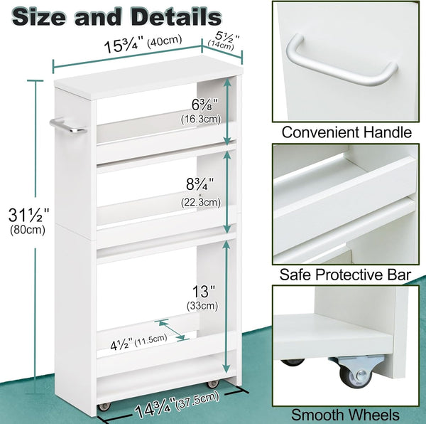 Slim Rolling Storage Cart, Wood Utility Kitchen Bathroom Laundry Cart | 4 Tier Kitchen Cart with Wheels Handle, Laundry Room Organization, Narrow Bathroom Storage Cabinet, 5.5" Wide Storage Trolley7
