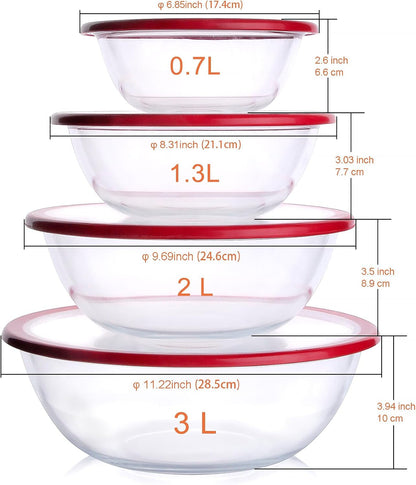Glass Mixing Bowl with Lids Set, 8 PCS Glass Salad Bowls for Oven. Microwave and Dishwasher Safe (0.7L + 1.3L + 2L + 3L)2