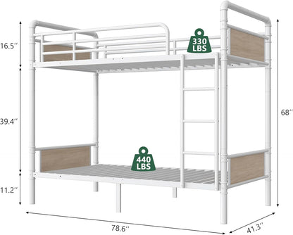 Metal Bunk Bed Twin over Twin, Industrial Bunkbeds Heavy Duty Bed with Safety Guard Rails and Space-Saving Design, Steel Bed for School, Bedroom (White)2