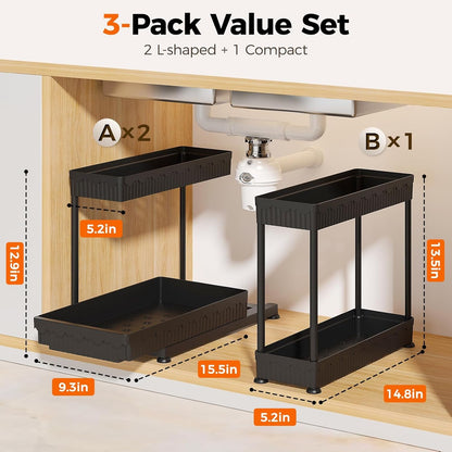 3-Pack 2-Tier L-Shaped under Sink Organizers with Sliding Drawers8