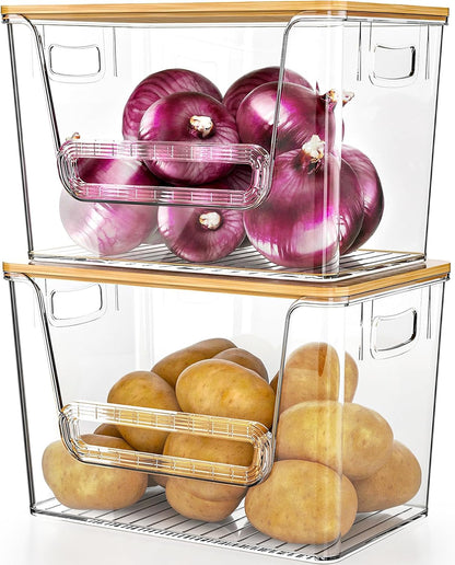 2 Set Pantry Organizers and Storage, Trash Bag Holder under Sink Organizer for 4-13 Gal Bags, Trash Bag Dispenser with Bamboo Top for Onion, Potato, Garlic, Clear (11-7/32"L*7" W*7-1/8"H)1