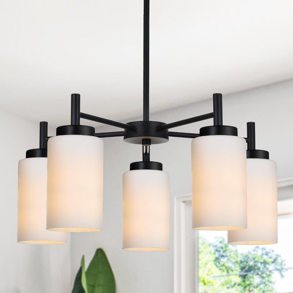 5 Light Modern Chandeliers Black Finish Pendant Lighting Fixtures with Opal White Glass Shade Rustic Ceiling Hanging Lights for Living Room Dining Room Kitchen Island1