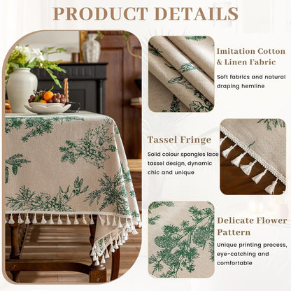 Square Vintage Cotton Linen Tablecloth with Stitching Tassels Washable Fabric Table Cover for Dining Kitchen Tea Party, 60 X 60 Inches, Green Pine Cone4