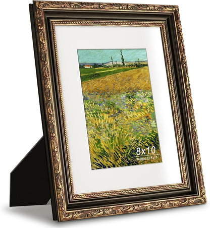 Antique 8X10 Picture Frame, Ornate Embossing Frame with Paper Mat and Real Glass, Fit for 8X10 without Mat or 5X7 with Mat, Tabletop or Wall Mounting Display, Bronze and Antique Gold, 1 Pack2
