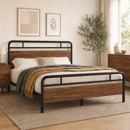 Full Size Industrial Bed Frame with Wood Panels, Walnut3