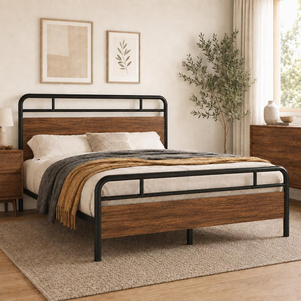 Full Size Industrial Bed Frame with Wood Panels, Walnut3