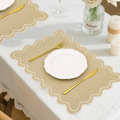 Set of 6 Cotton Linen Placemats, 13 X 19 Inch Scalloped Wavy Embroidered Placemat Double Layered Table Placemats Washable Rustic Table Mats for Dining Table Decor Kitchen Restaurant Hotel Party4
