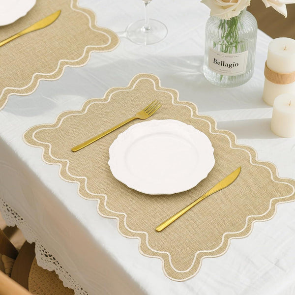 Set of 6 Cotton Linen Placemats, 13 X 19 Inch Scalloped Wavy Embroidered Placemat Double Layered Table Placemats Washable Rustic Table Mats for Dining Table Decor Kitchen Restaurant Hotel Party4